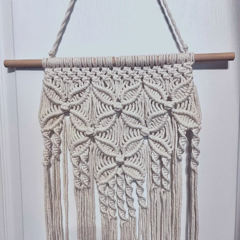 Macrame/Crocheted Wall Hanging-Ivory/Cream-Bohemian-Wood Dowel-Knots-Twist-Flow